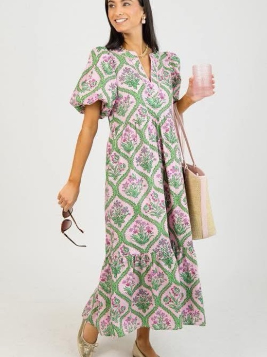 entro Dresses & Skirts - entro Pink & Green Floral Maxi Dress with Puff Sleeves